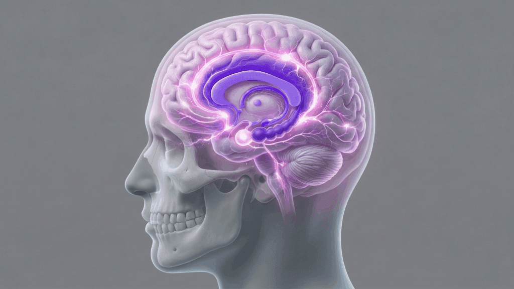 Side view of a human head with glowing purple limbic circuits, showing regions linked to the neuroscience of rumination.